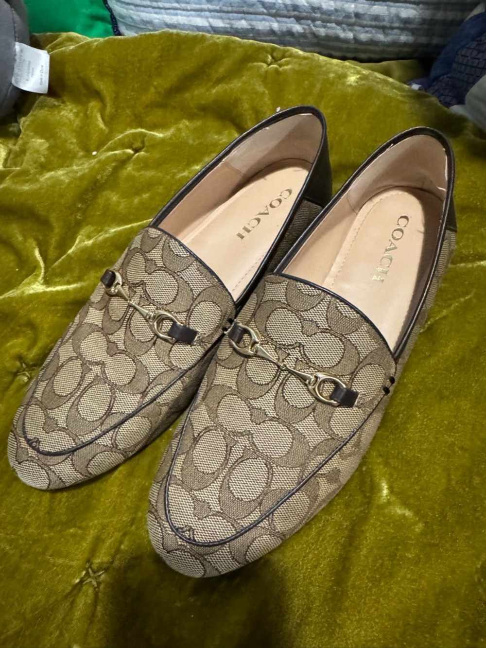 Coach Women’s Tan Signature Canvas Loafers with Gold Bit